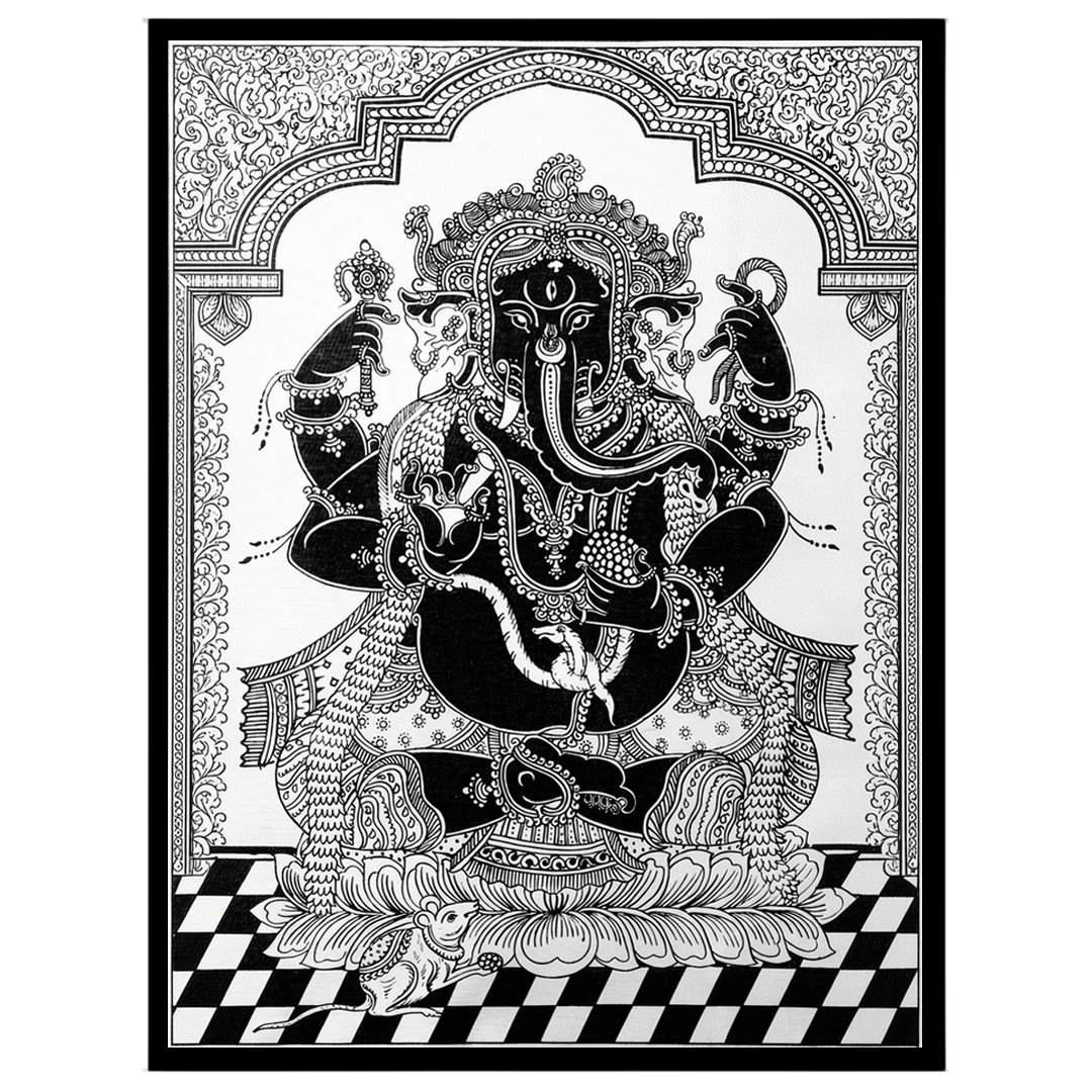 This exquisite Pattachitra artwork captures the revered Lord Ganesha in a striking black and white for hallway