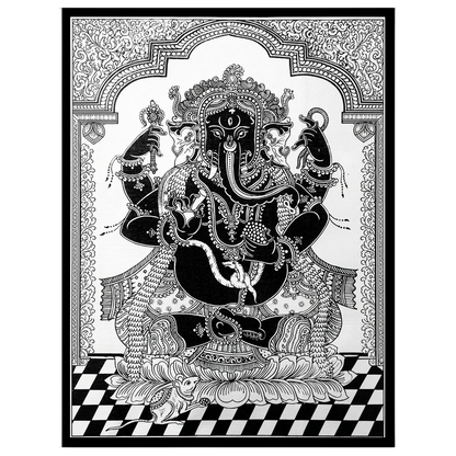This exquisite Pattachitra artwork captures the revered Lord Ganesha in a striking black and white for hallway