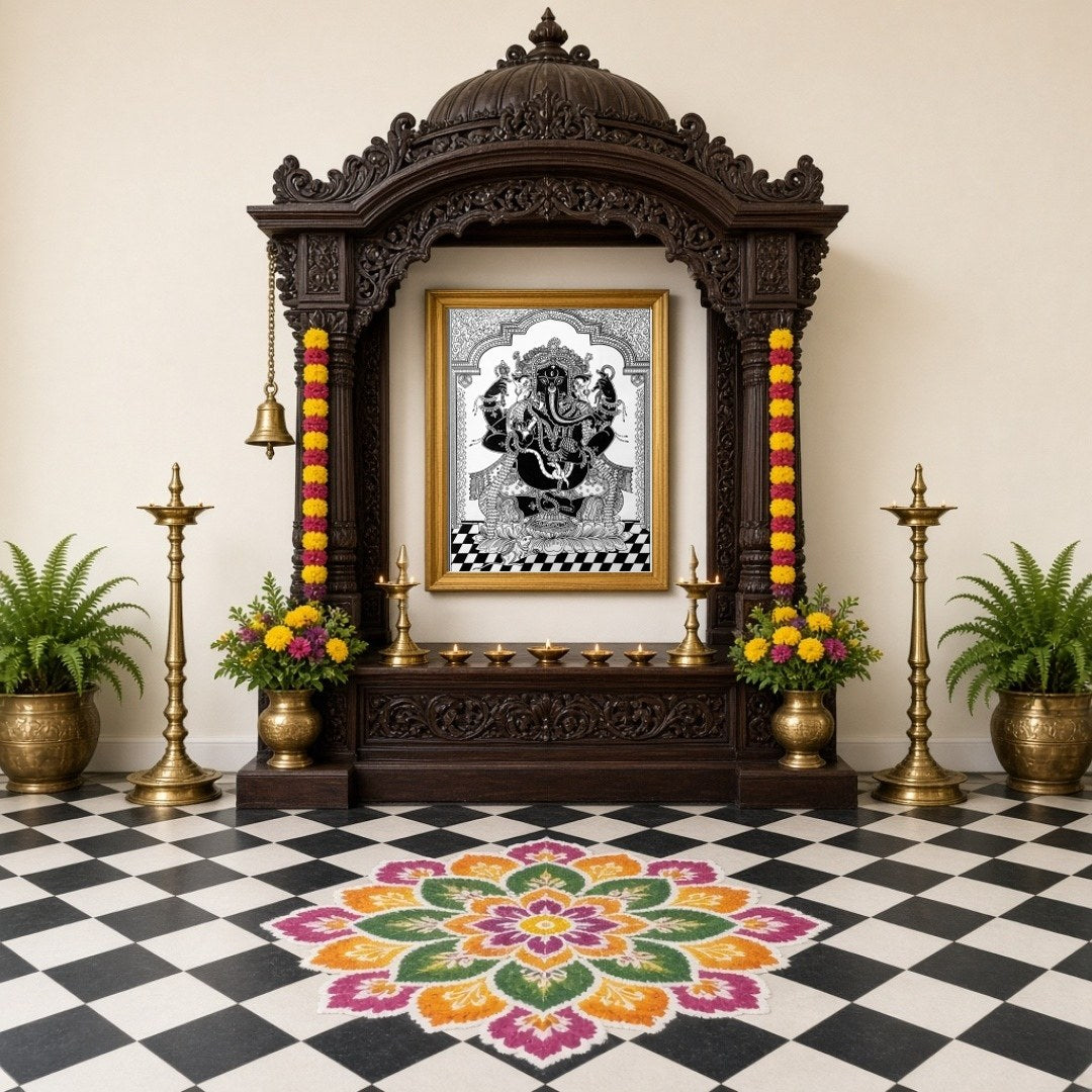This exquisite Pattachitra artwork captures the revered Lord Ganesha in a striking black and white for Home Temple