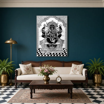This exquisite Pattachitra artwork captures the revered Lord Ganesha in a striking black and white for Living Room