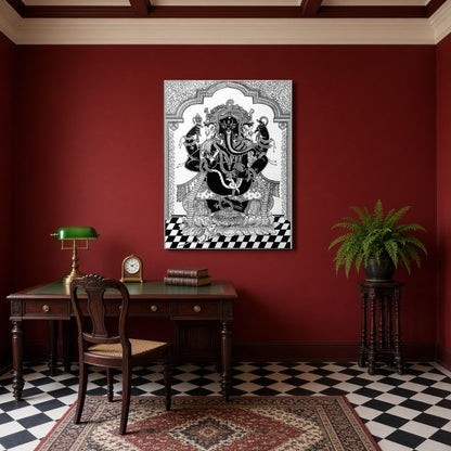 This exquisite Pattachitra artwork captures the revered Lord Ganesha in a striking black and white for Study