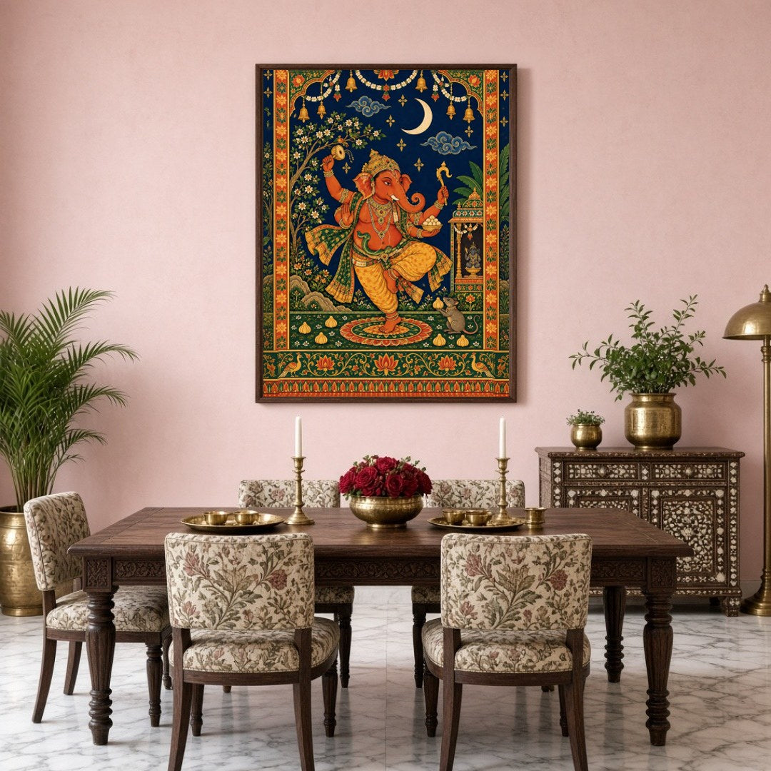 Celebrate the divine energy of Lord Ganesha with this captivating Tanjore art print. Depicting for Dining