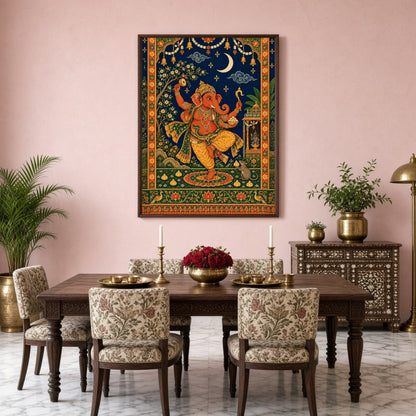 Celebrate the divine energy of Lord Ganesha with this captivating Tanjore art print. Depicting for Dining