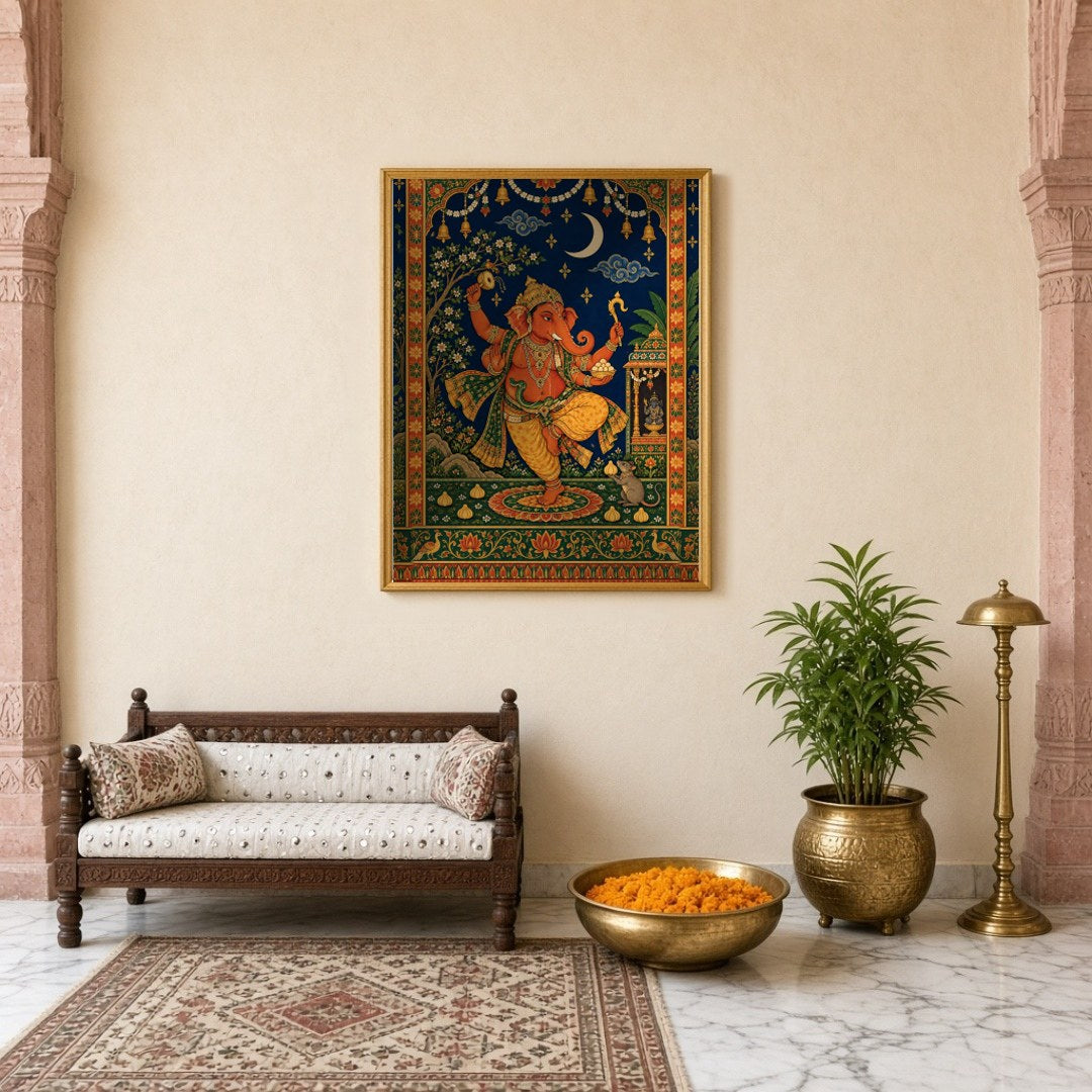 Celebrate the divine energy of Lord Ganesha with this captivating Tanjore art print. Depicting for Entrance