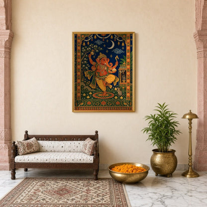 Celebrate the divine energy of Lord Ganesha with this captivating Tanjore art print. Depicting for Entrance