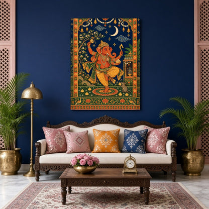 Celebrate the divine energy of Lord Ganesha with this captivating Tanjore art print. Depicting for Living Room
