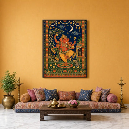Celebrate the divine energy of Lord Ganesha with this captivating Tanjore art print. Depicting for Sitting Lounge