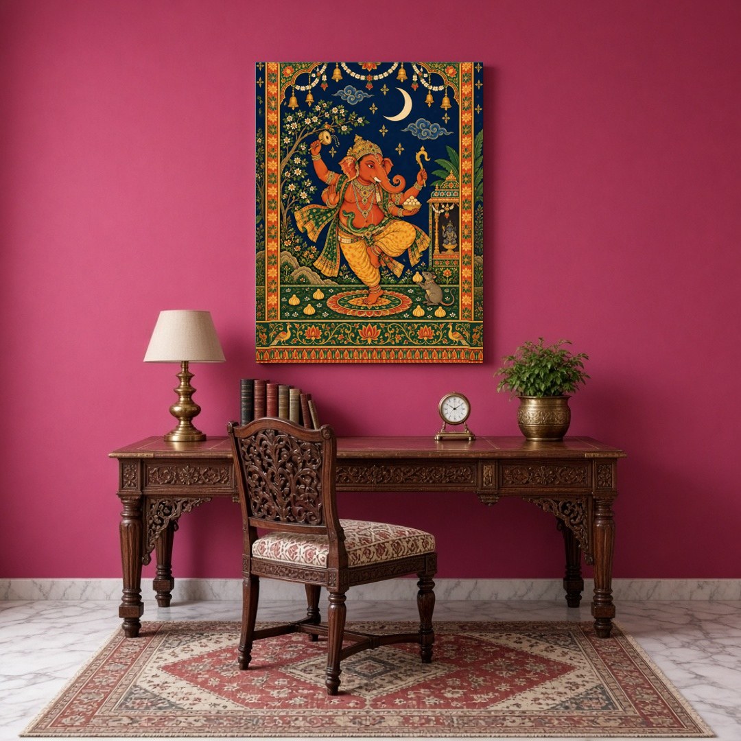Celebrate the divine energy of Lord Ganesha with this captivating Tanjore art print. Depicting for Study