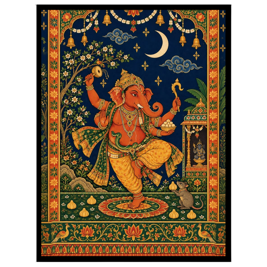Celebrate the divine energy of Lord Ganesha with this captivating Tanjore art print. Depicting for sweet-home