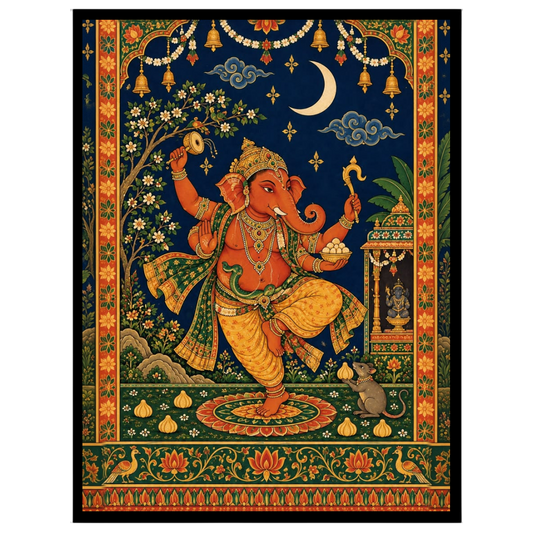 Celebrate the divine energy of Lord Ganesha with this captivating Tanjore art print. Depicting for sweet-home