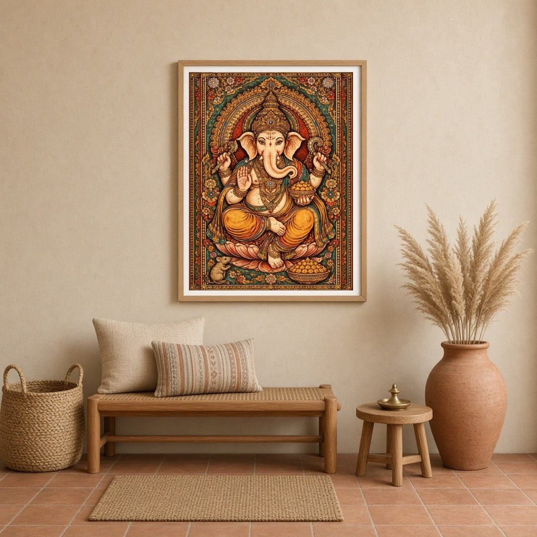 This stunning Tanjore painting portrays Lord Ganesha in all his divine splendor, seated gracefully for Entrance