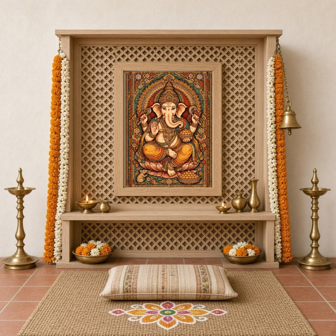 This stunning Tanjore painting portrays Lord Ganesha in all his divine splendor, seated gracefully for Home Temple