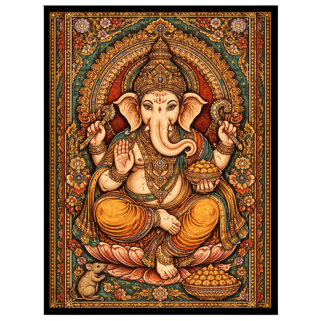 This stunning Tanjore painting portrays Lord Ganesha in all his divine splendor, seated gracefully for interior