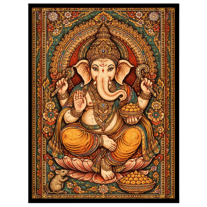 This stunning Tanjore painting portrays Lord Ganesha in all his divine splendor, seated gracefully for interior