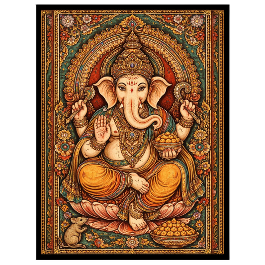 This stunning Tanjore painting portrays Lord Ganesha in all his divine splendor, seated gracefully for interior