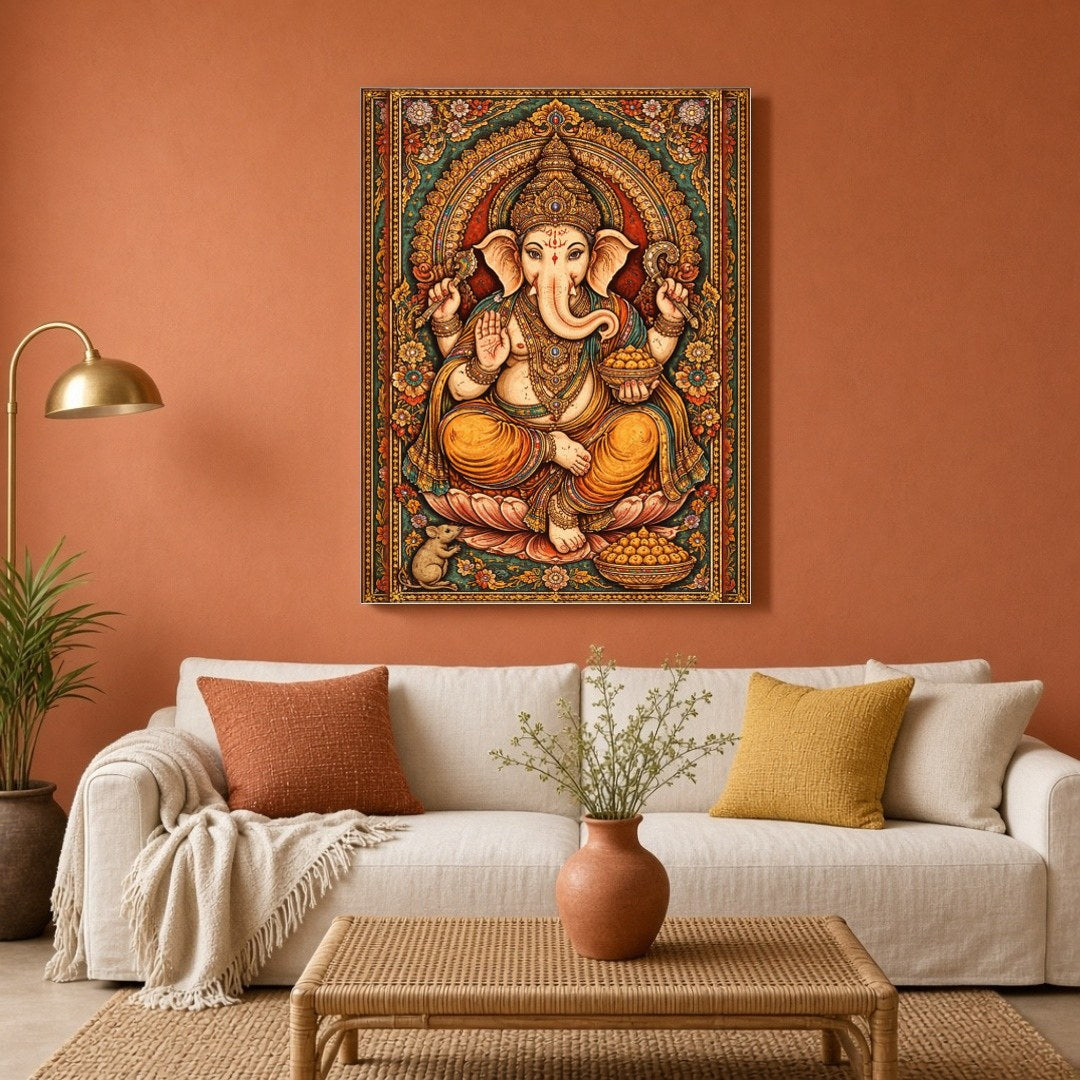 This stunning Tanjore painting portrays Lord Ganesha in all his divine splendor, seated gracefully for Living Room