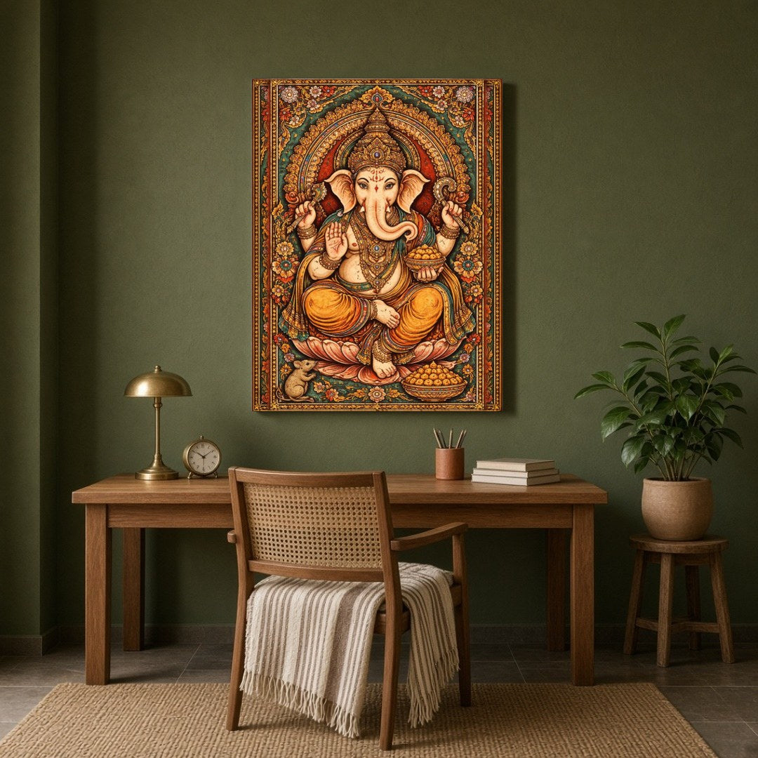This stunning Tanjore painting portrays Lord Ganesha in all his divine splendor, seated gracefully for Study