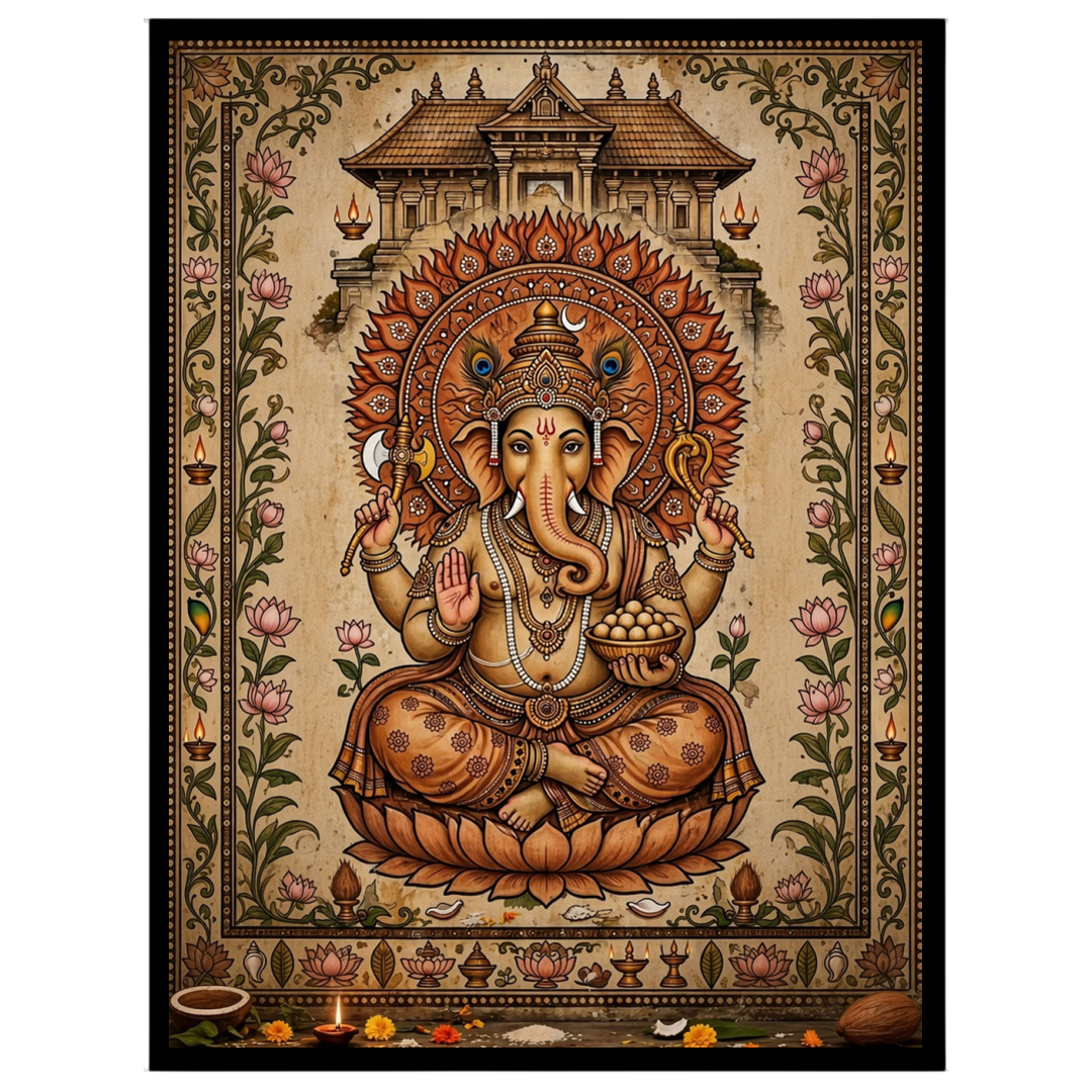 Embrace the divine presence of Lord Ganesha depicted with exquisite detail and adorned with a lotus for hallway