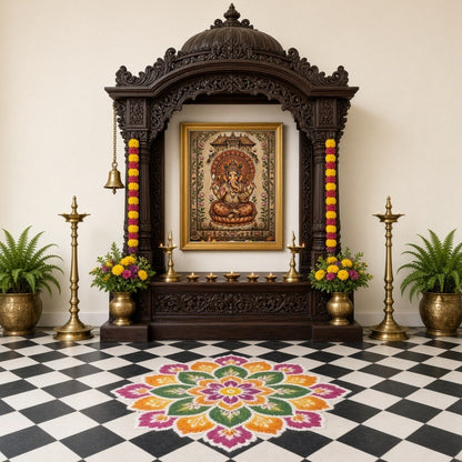 Embrace the divine presence of Lord Ganesha depicted with exquisite detail and adorned with a lotus for Home Temple