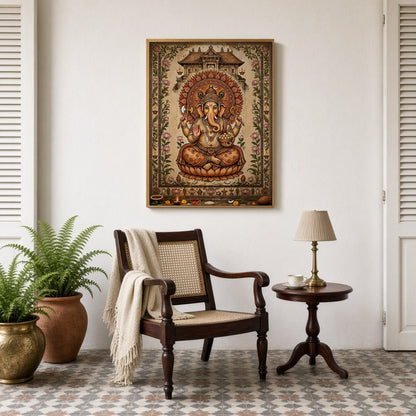 Embrace the divine presence of Lord Ganesha depicted with exquisite detail and adorned with a lotus for Sitting Lounge