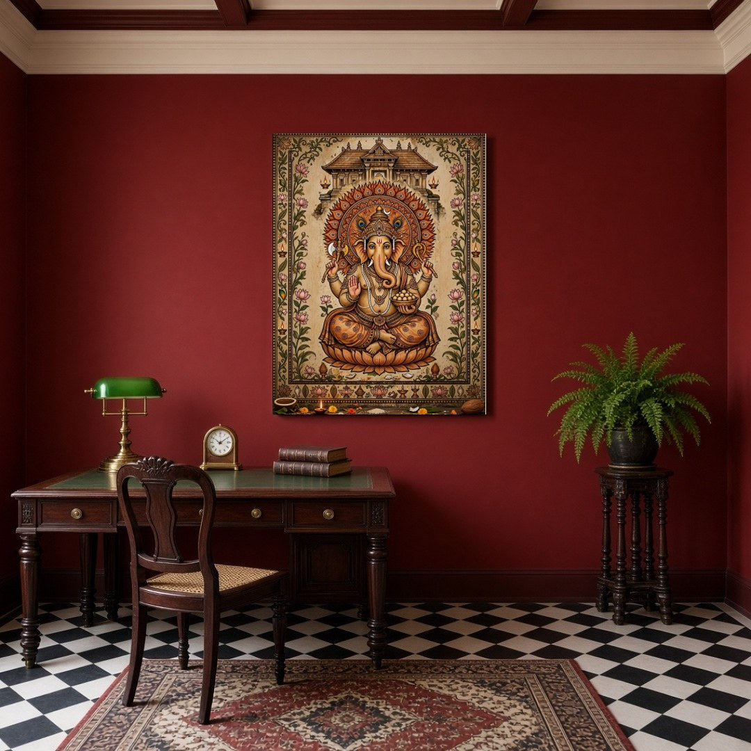 Embrace the divine presence of Lord Ganesha depicted with exquisite detail and adorned with a lotus for Study