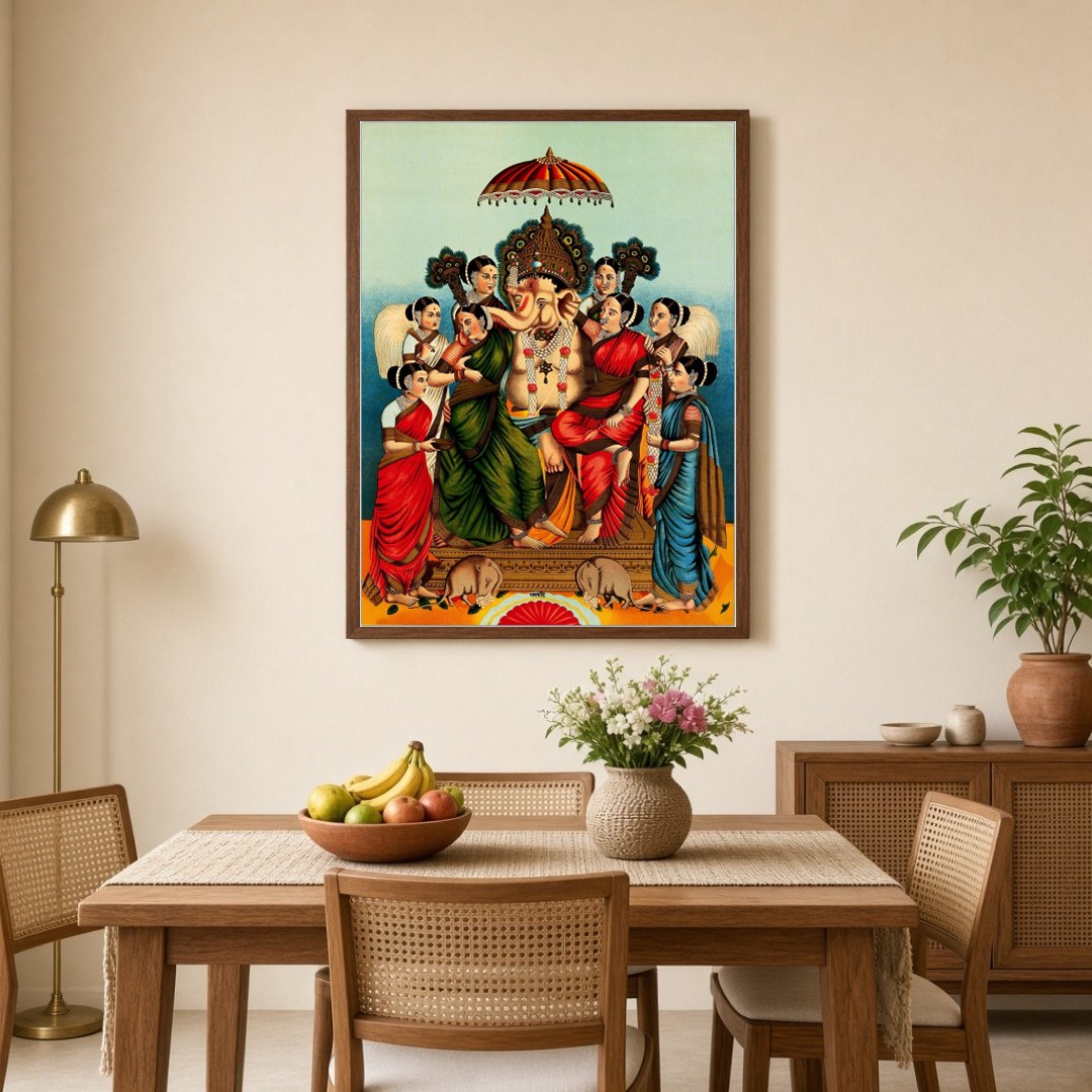 Celebrate divine prosperity with this captivating print featuring Lord Ganesha seated alongside his for Dining