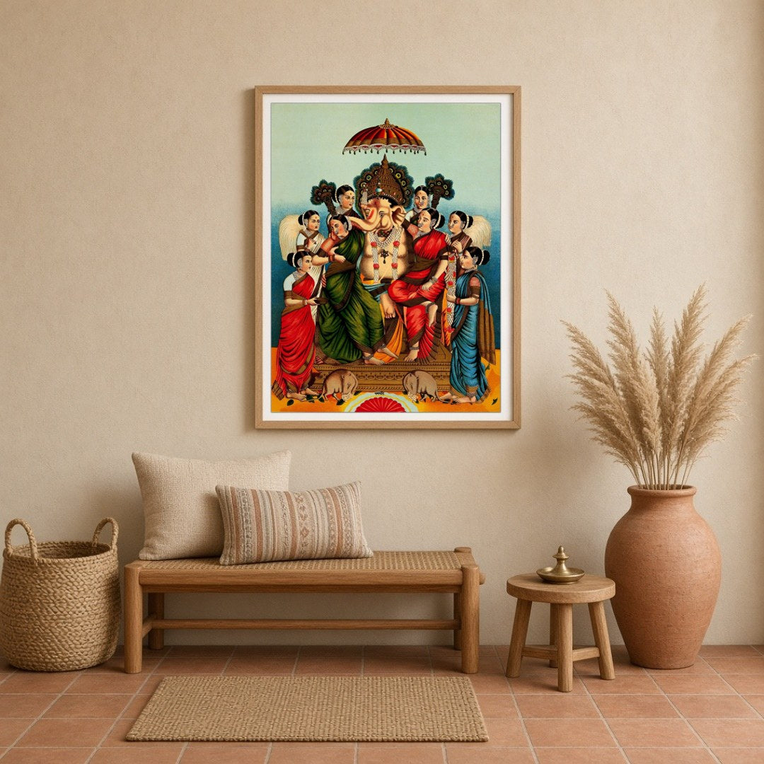 Celebrate divine prosperity with this captivating print featuring Lord Ganesha seated alongside his for Entrance