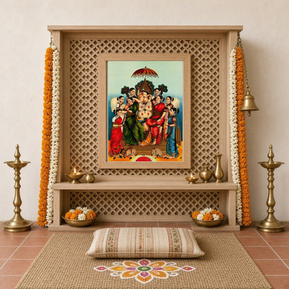 Celebrate divine prosperity with this captivating print featuring Lord Ganesha seated alongside his for Home Temple
