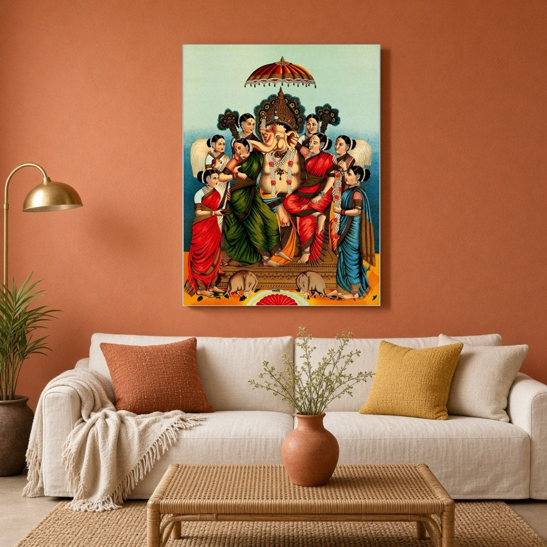 Celebrate divine prosperity with this captivating print featuring Lord Ganesha seated alongside his for Living Room