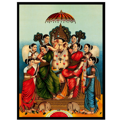 Celebrate divine prosperity with this captivating print featuring Lord Ganesha seated alongside his for retreat