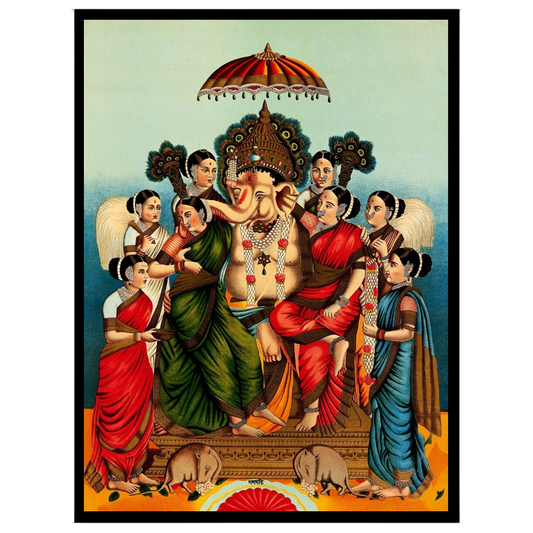 Celebrate divine prosperity with this captivating print featuring Lord Ganesha seated alongside his for retreat