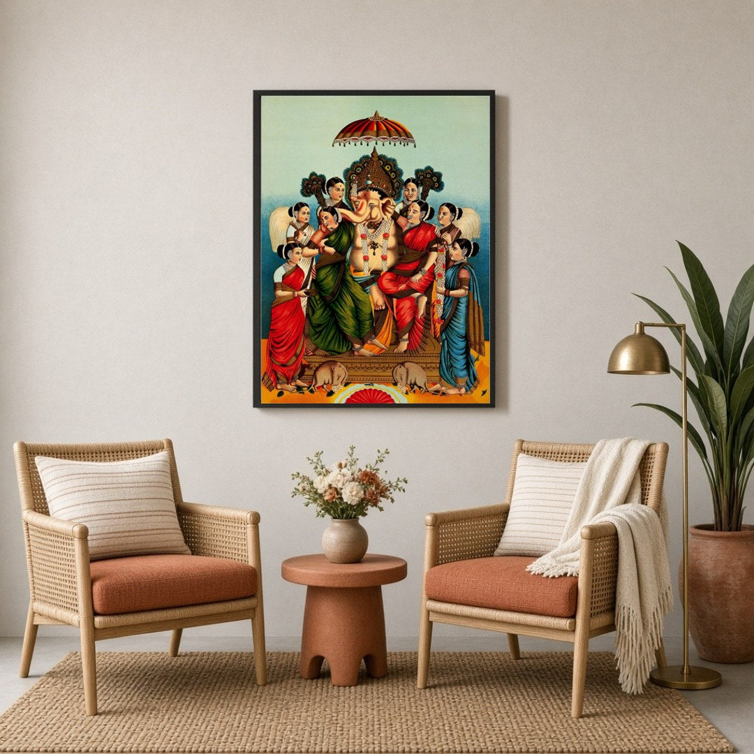 Celebrate divine prosperity with this captivating print featuring Lord Ganesha seated alongside his for Sitting Lounge