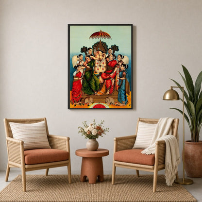 Celebrate divine prosperity with this captivating print featuring Lord Ganesha seated alongside his for Sitting Lounge
