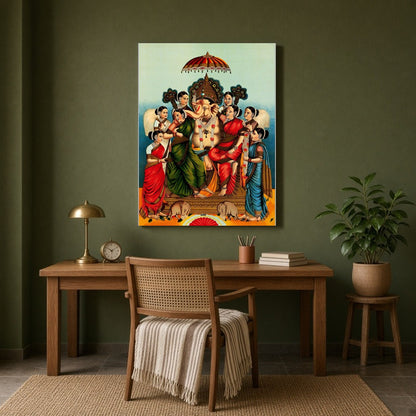 Celebrate divine prosperity with this captivating print featuring Lord Ganesha seated alongside his for Study