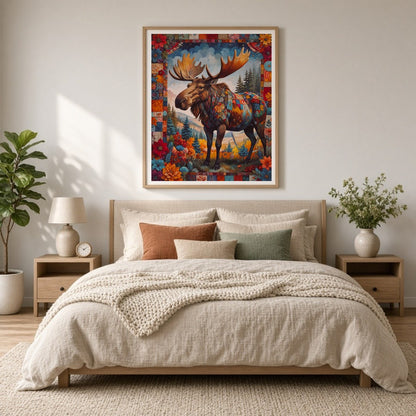 Step into a vibrant world with this captivating moose art print, where nature meets artistry in a for Bedroom
