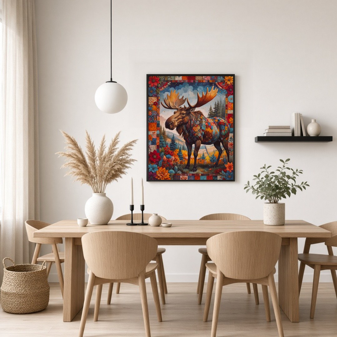 Step into a vibrant world with this captivating moose art print, where nature meets artistry in a for Dining