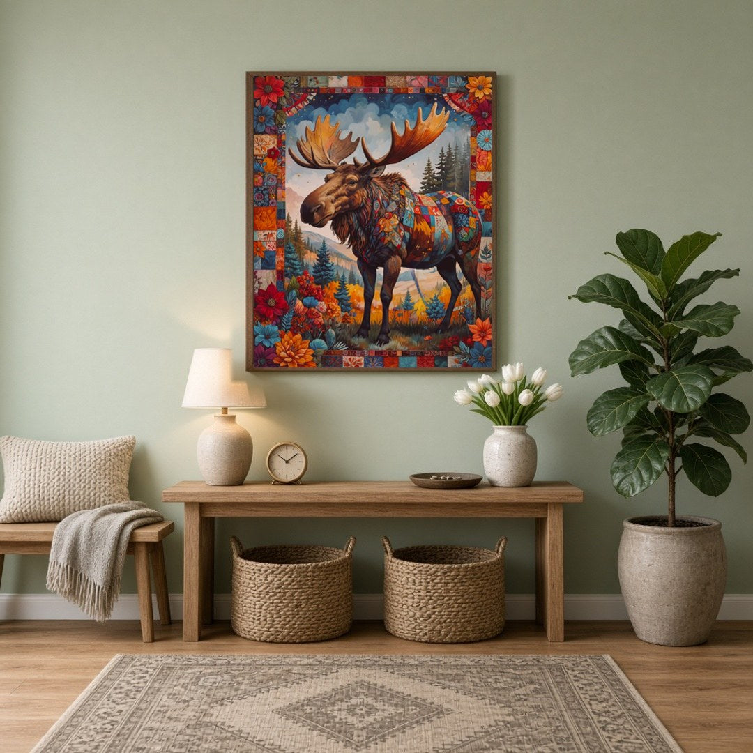 Step into a vibrant world with this captivating moose art print, where nature meets artistry in a for Entrance
