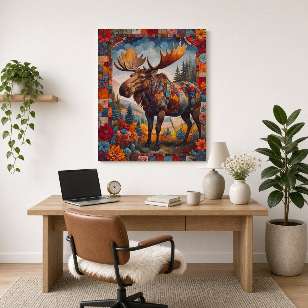 Step into a vibrant world with this captivating moose art print, where nature meets artistry in a for Home Office