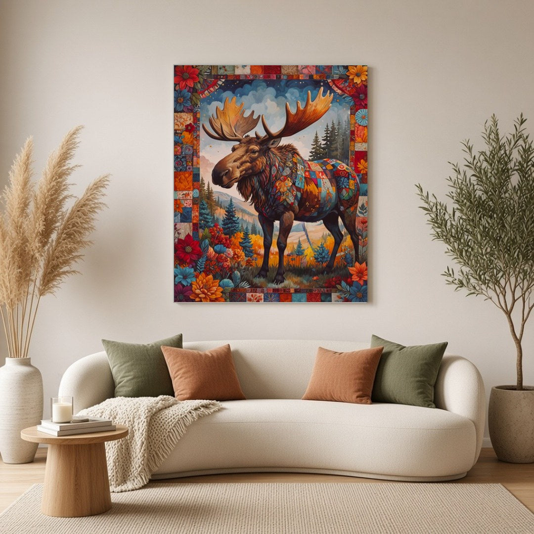 Step into a vibrant world with this captivating moose art print, where nature meets artistry in a for Living Room