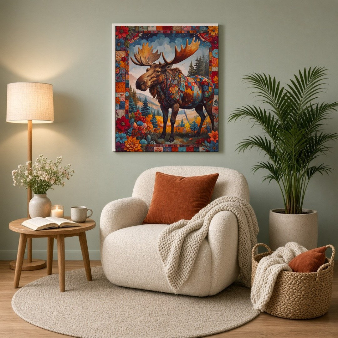 Step into a vibrant world with this captivating moose art print, where nature meets artistry in a for Reading Nook