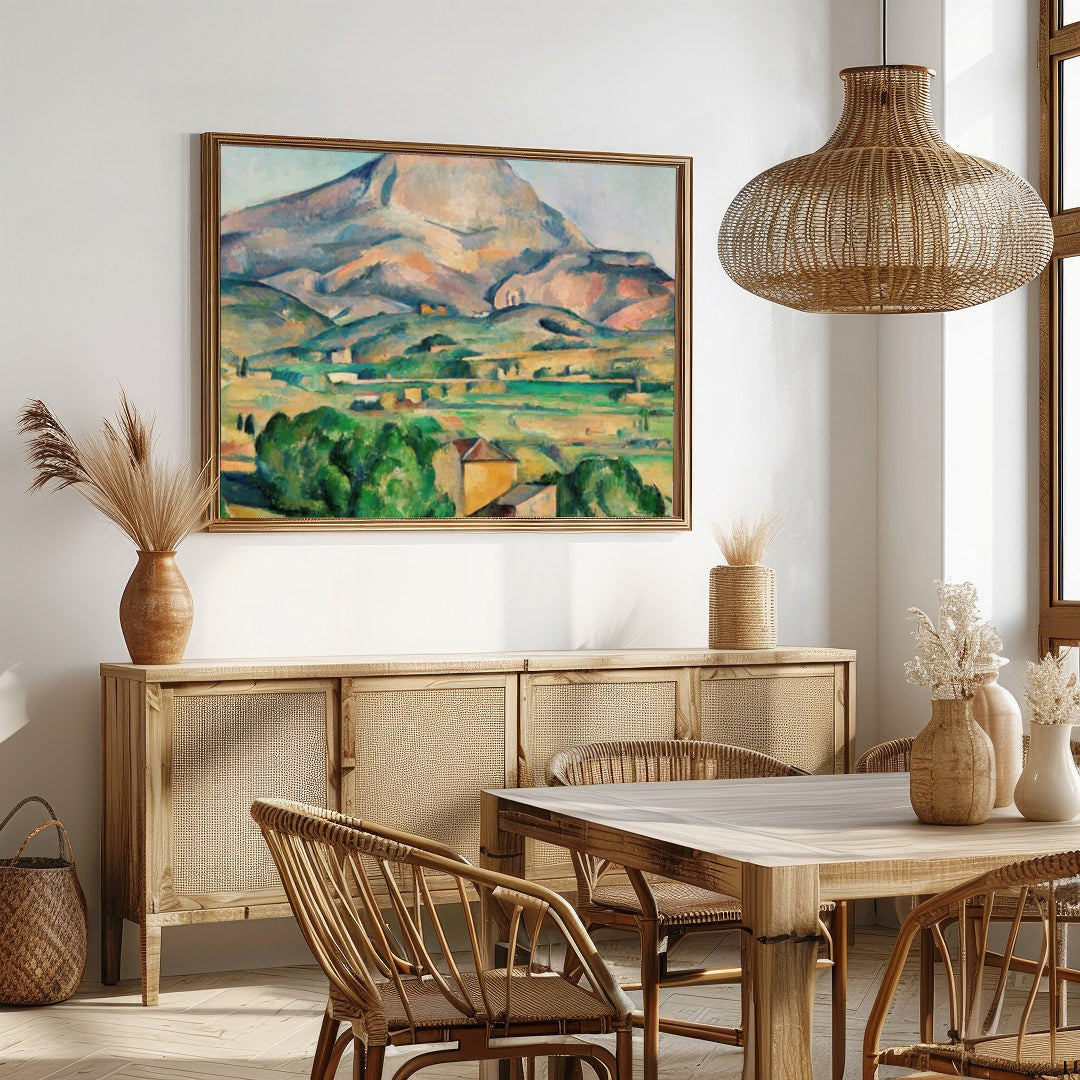 This breathtaking landscape portrays a serene mountain scene with vibrant brushstrokes that capture for Dining