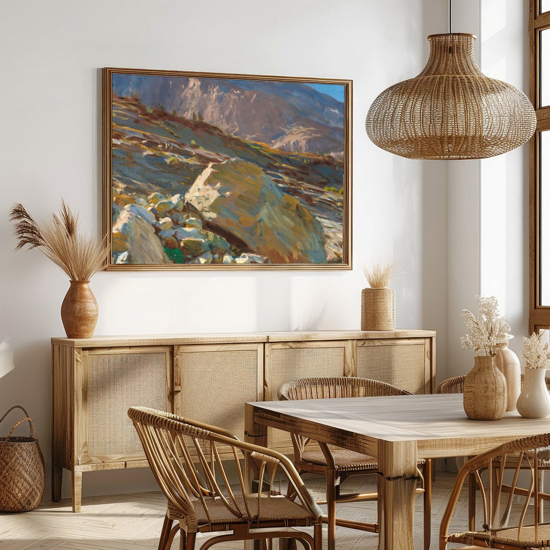 Capture the awe of nature with this stunning mountain landscape, where sunlight bathes the rugged for Dining