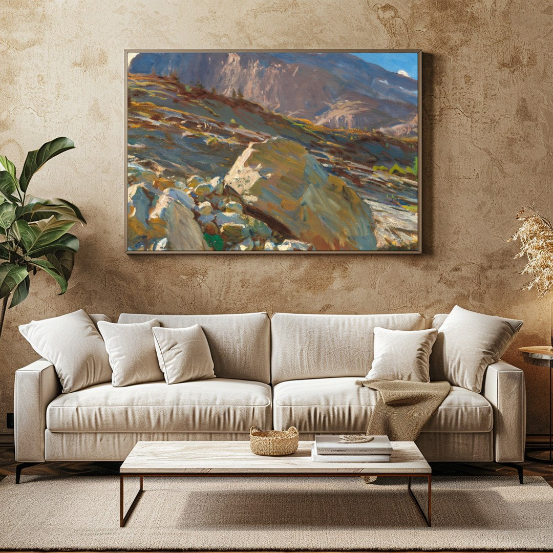 Capture the awe of nature with this stunning mountain landscape, where sunlight bathes the rugged for Family Room