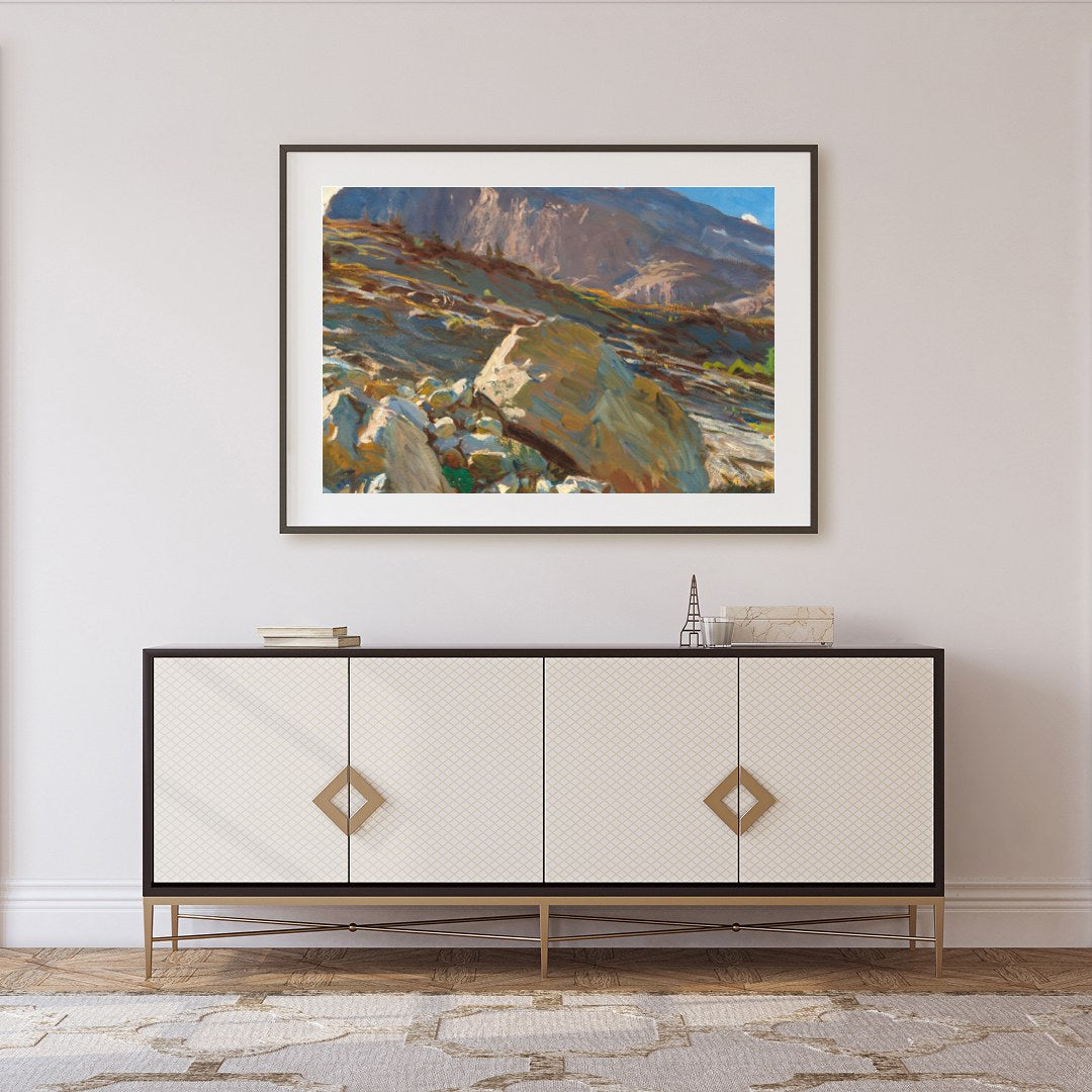 Capture the awe of nature with this stunning mountain landscape, where sunlight bathes the rugged for Foyer