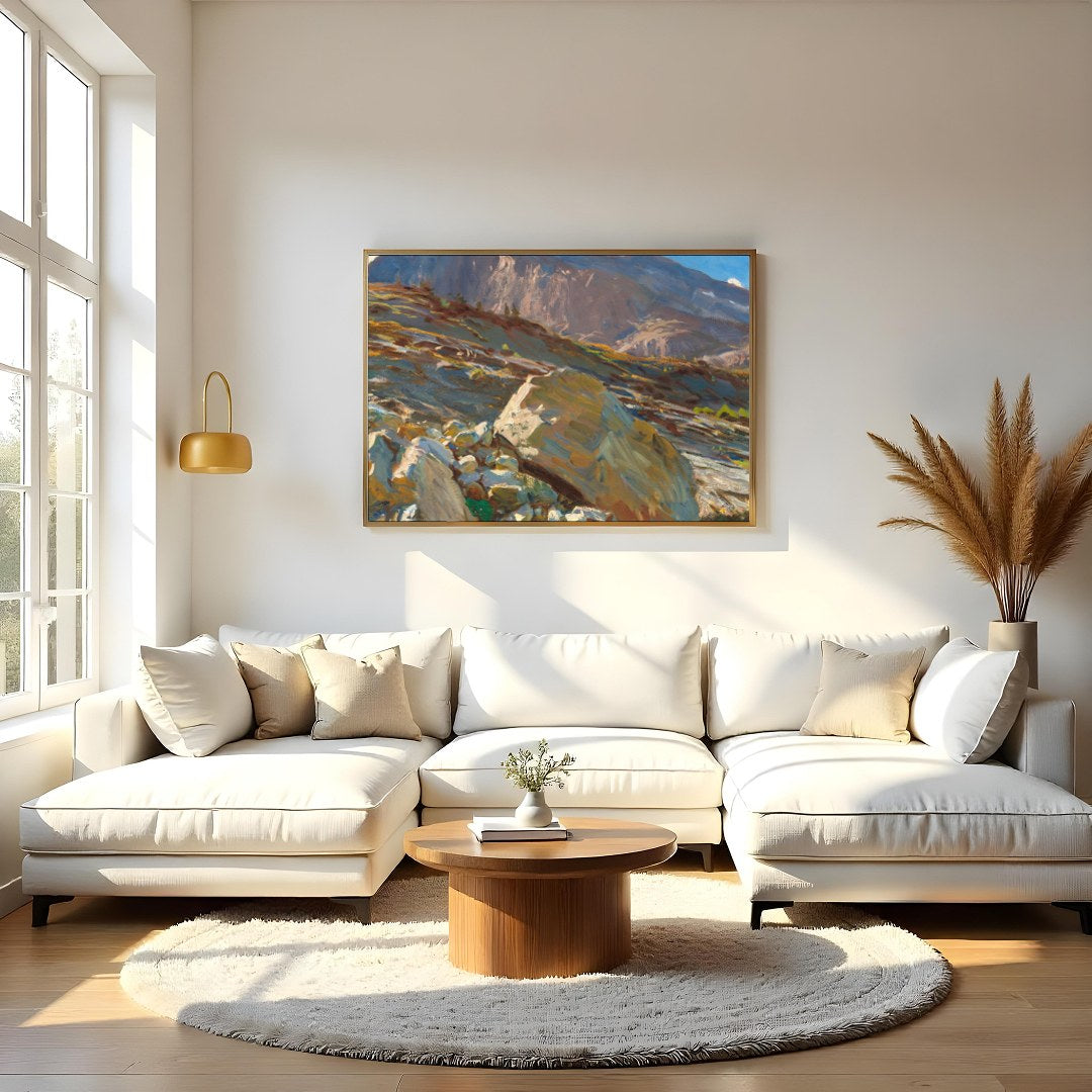 Capture the awe of nature with this stunning mountain landscape, where sunlight bathes the rugged for Living Room