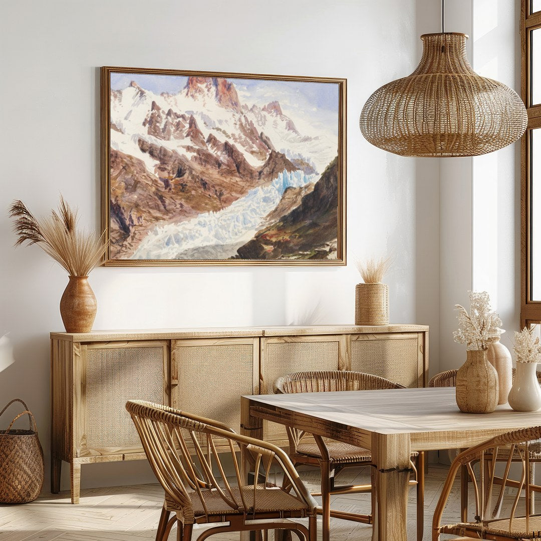 Immerse yourself in the serene beauty of this majestic mountain landscape. This artwork captures for Dining