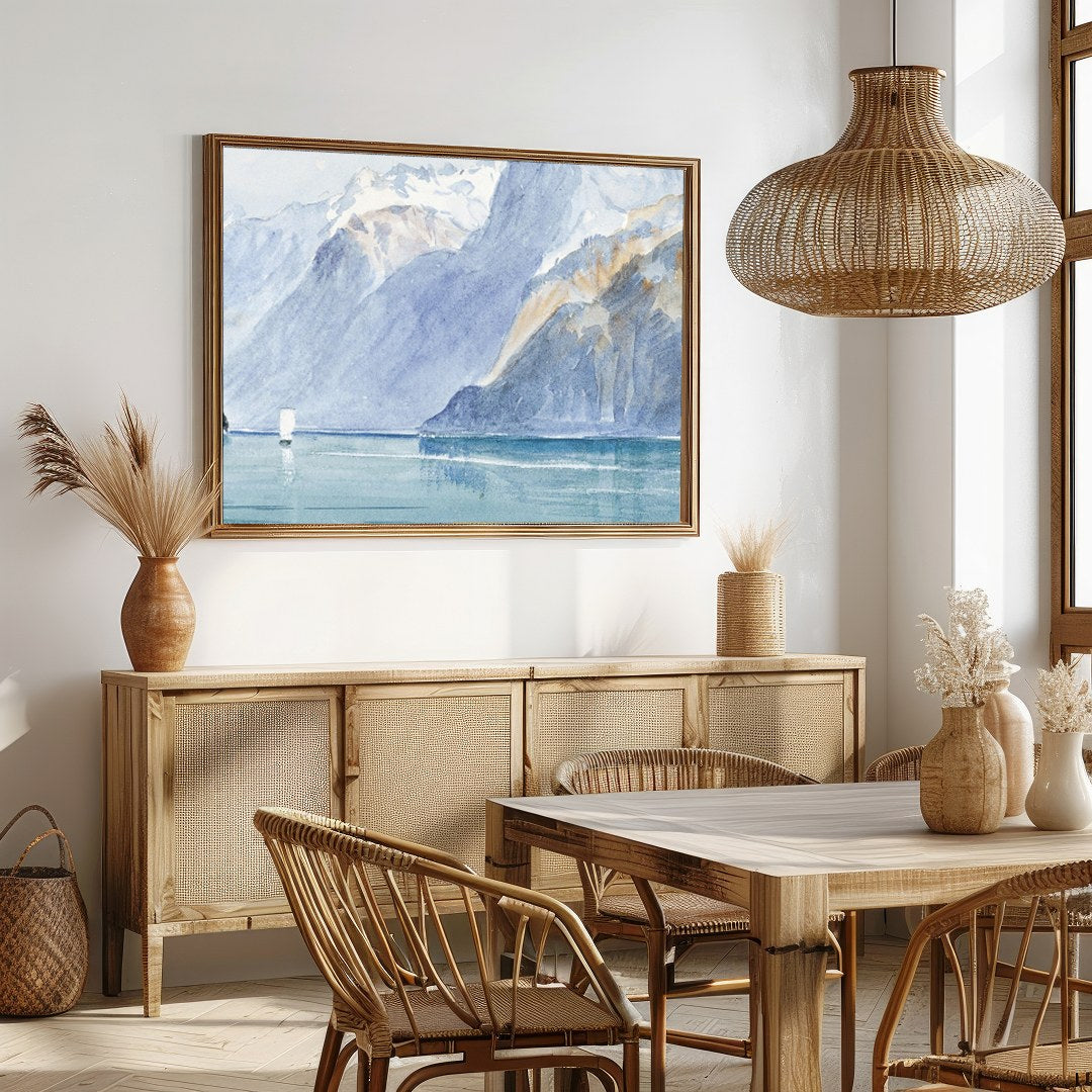 Capture the serene beauty of nature with this exquisite watercolor depicting a majestic mountain for Dining
