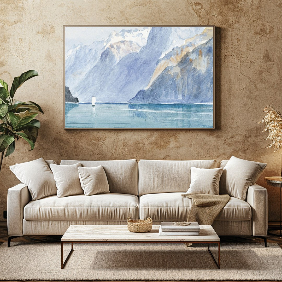 Capture the serene beauty of nature with this exquisite watercolor depicting a majestic mountain for Family Room