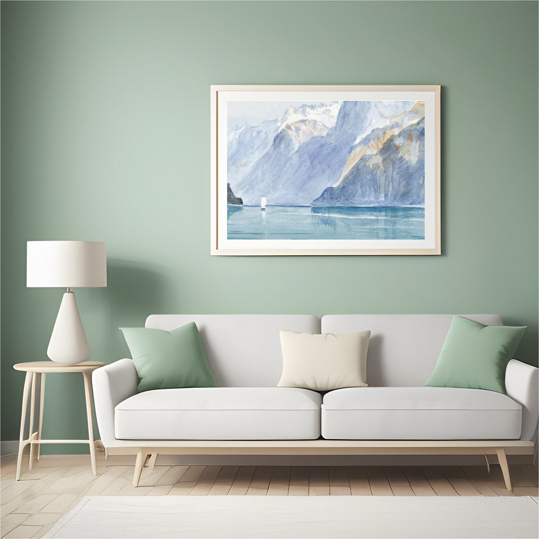 Capture the serene beauty of nature with this exquisite watercolor depicting a majestic mountain for Hall