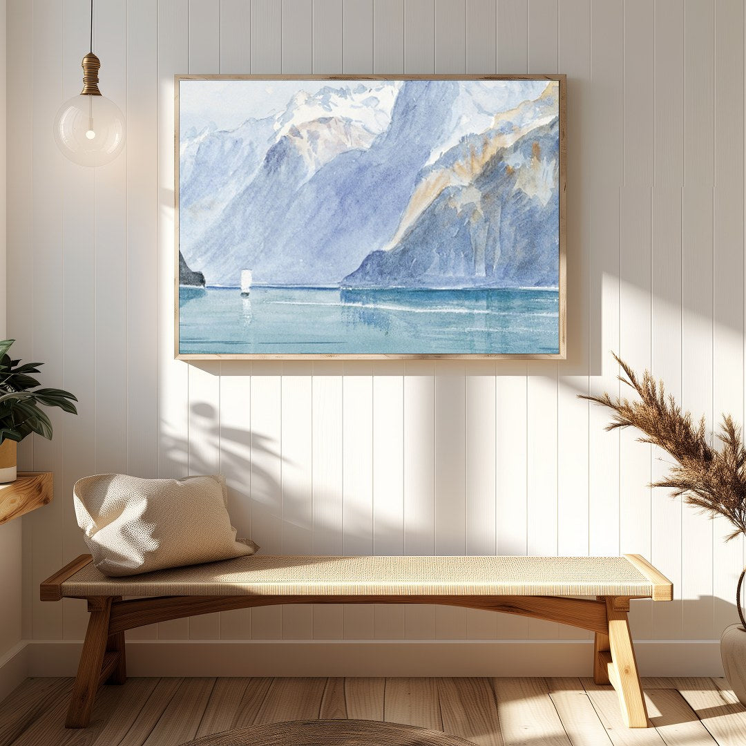 Capture the serene beauty of nature with this exquisite watercolor depicting a majestic mountain for Hallway